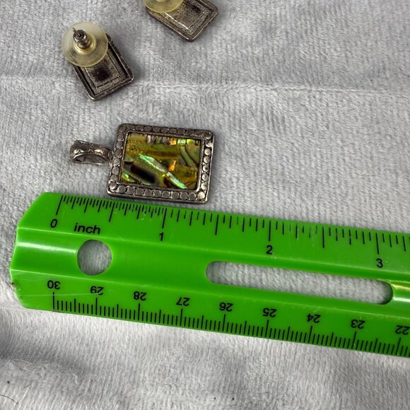 Vintage Silver Tone Pendant & Earrings Set Iridescent Abalone Shell Insets - Picture 5 of 16